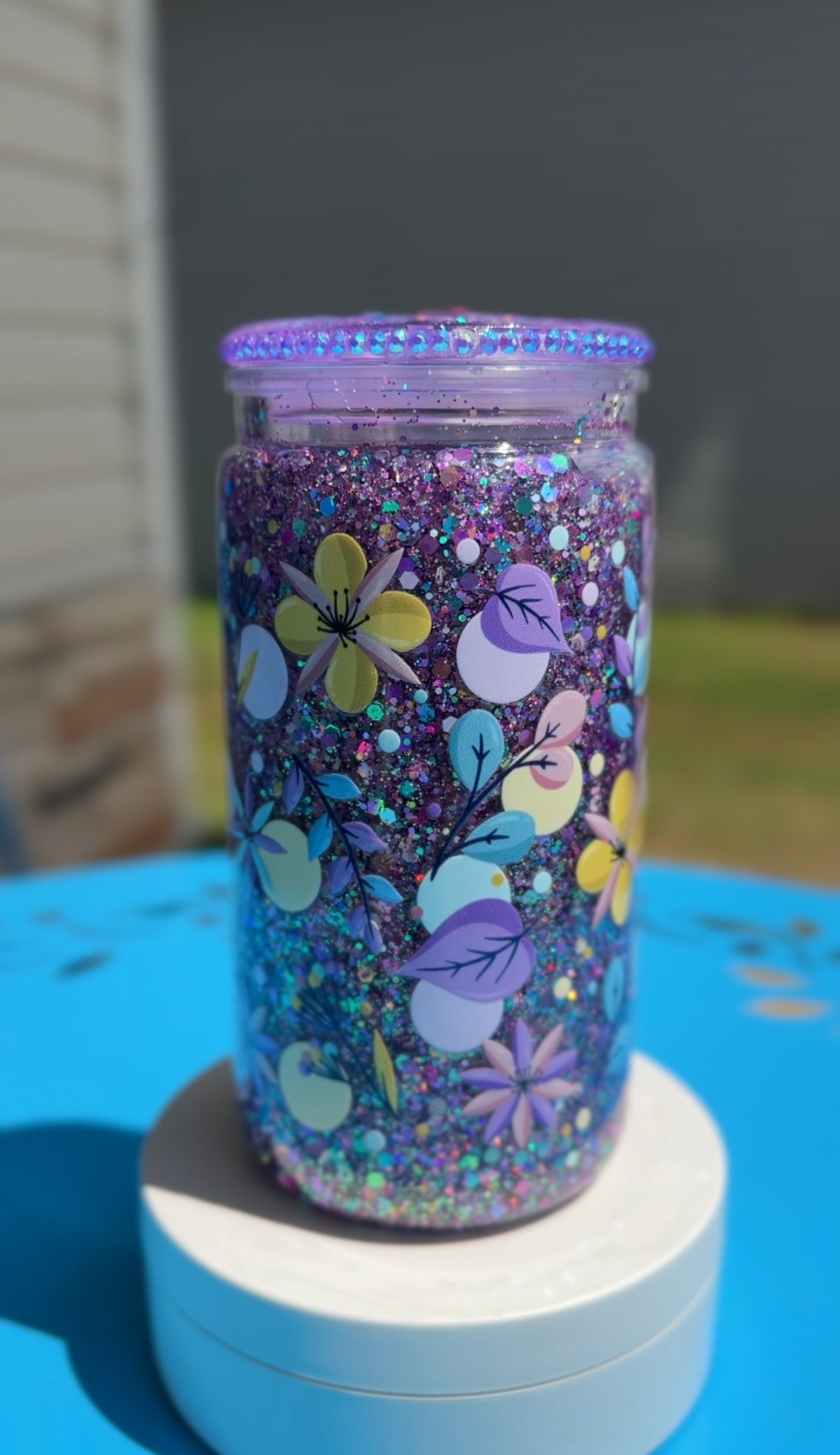 Purple Flowers Glitter Snow Globe Tumbler